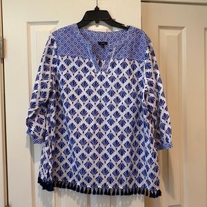 Talbots tunic w/ blue&white stitch detail &tassels